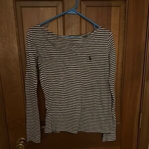 Navy and white stripe woman’s crew neck shirt.